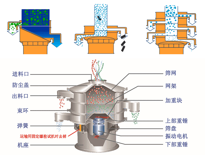 不銹鋼旋振篩結構展示：篩網，出料口，束環(huán)，彈簧，防塵蓋，機座等