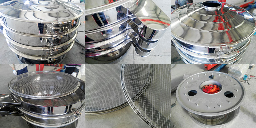 圓形振動篩結構:出料口,底座,進料口,篩網等部件展示圖